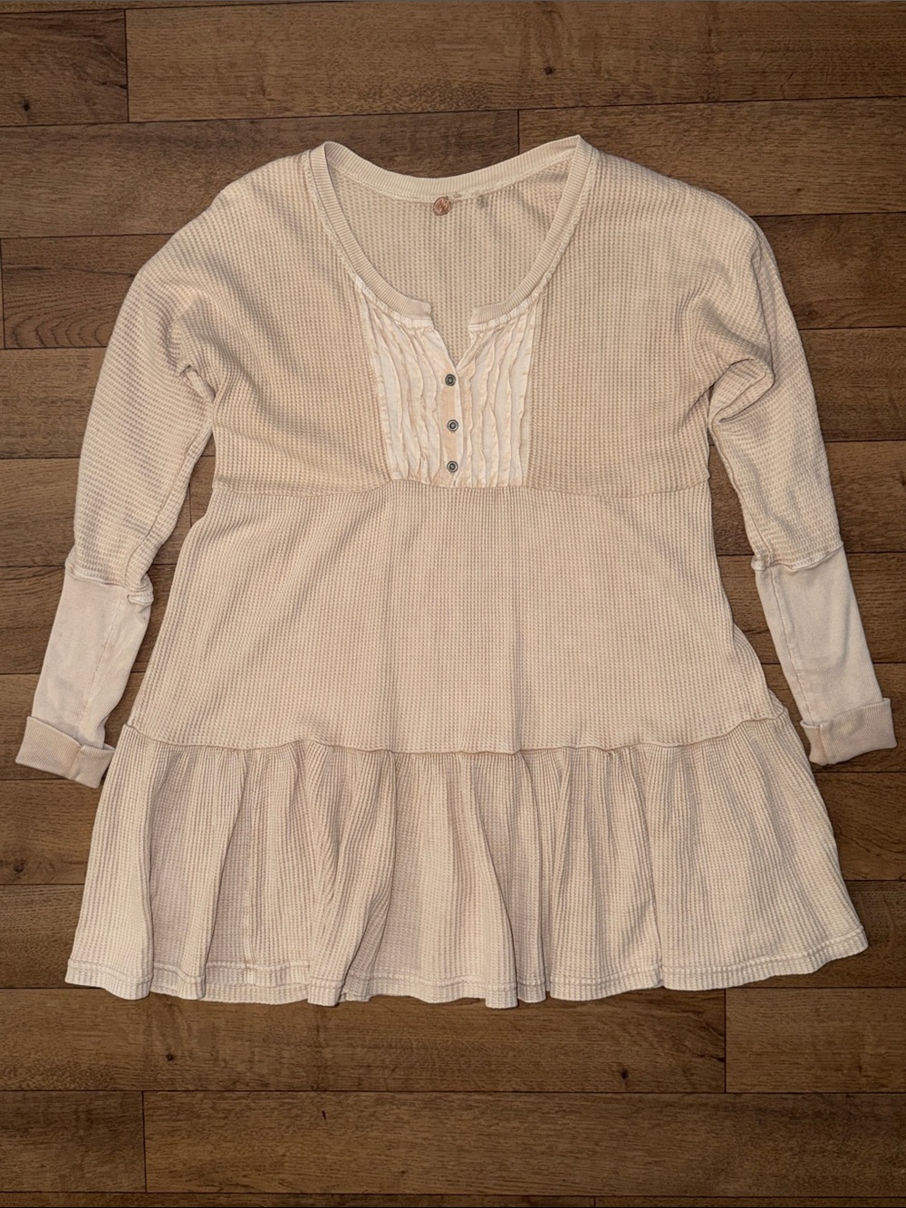 Free People One Size Small Jolene Thermal Henley Tiered Mini Dress 100% Cotton S